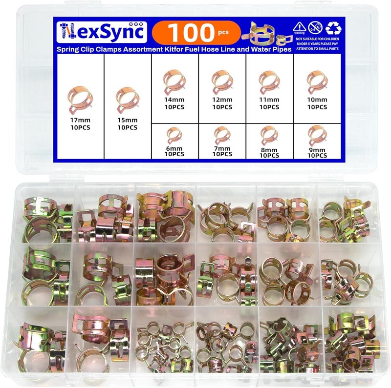 NexSync 100 Pcs Adjustable Spring Hose Clamps, Spring Band Clips Clamps Kit, Silicone Vacuum Hose Water Pipe Air Tube Low Pressure Clamps Fastener Assortment Kit - 6mm/7mm/8mm/9mm/10mm - Image 1